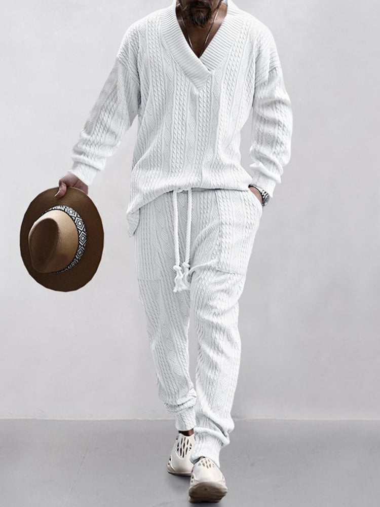 Men's Cable Jacquard V-Neck Lounge Set in White