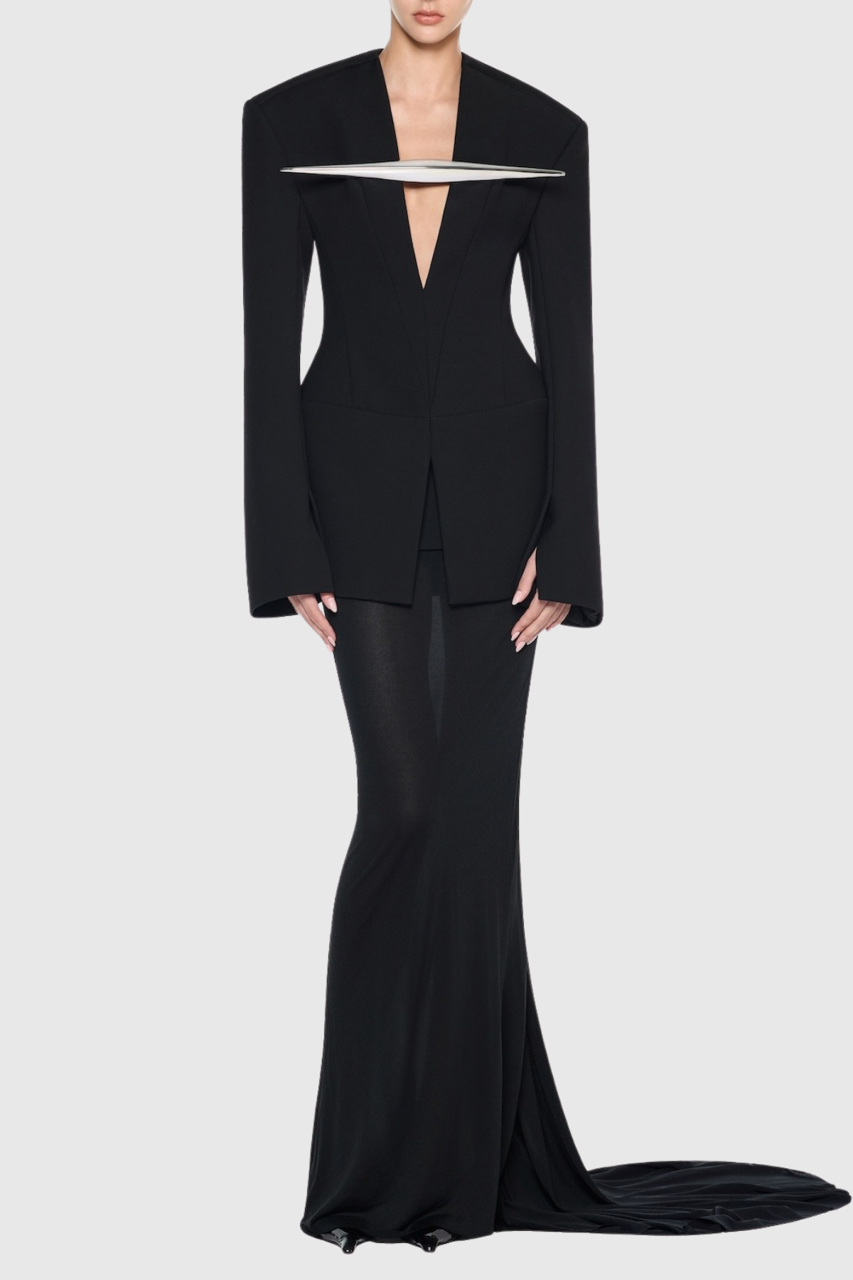 Metal Embellished Blazer & Maxi Skirt Set, Black