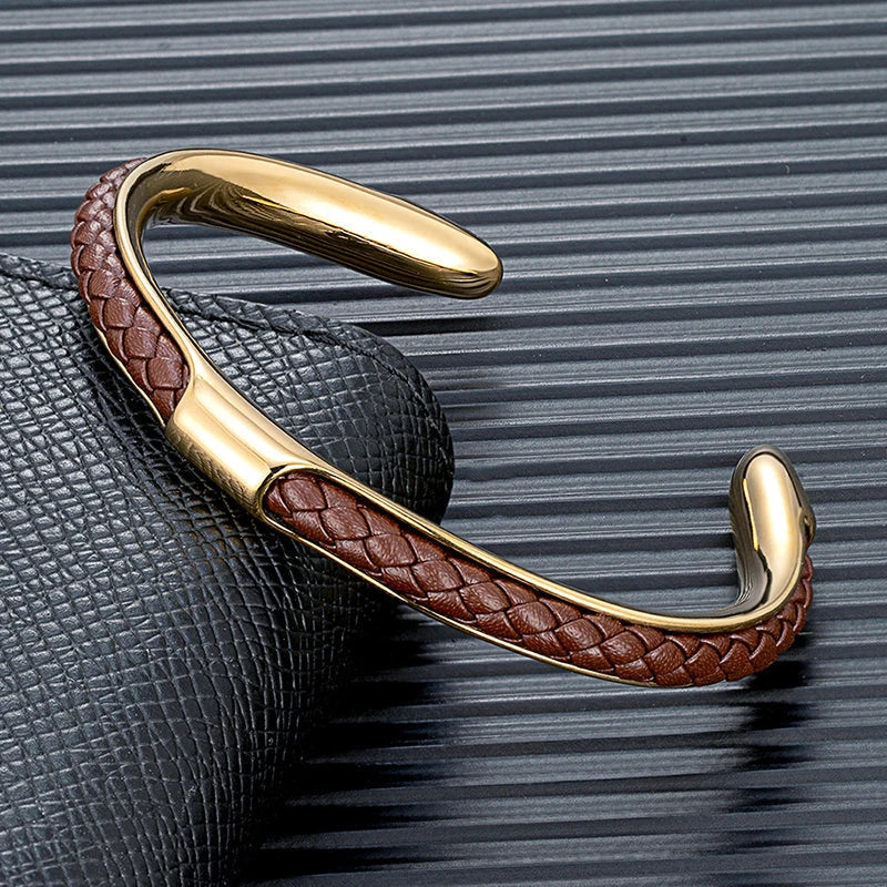 Cuff Bracelet Mens Braided Leather Stainless Steel