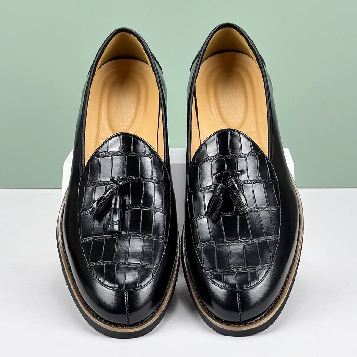 Croc Embossed Leather Tassel Loafers for Men