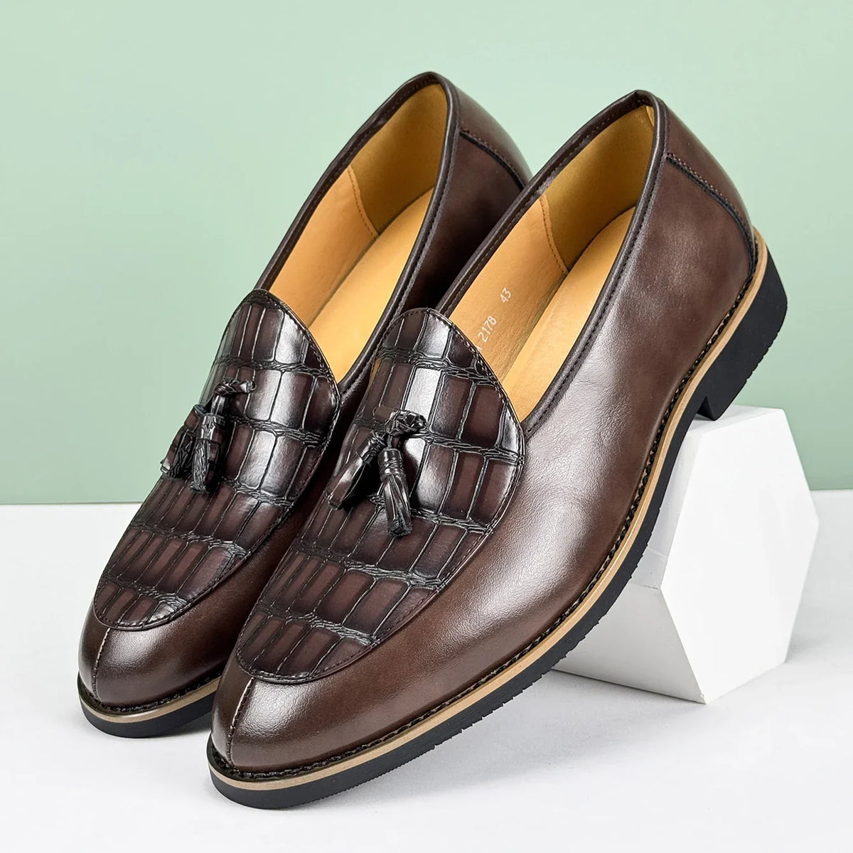 Croc Embossed Leather Tassel Loafers for Men