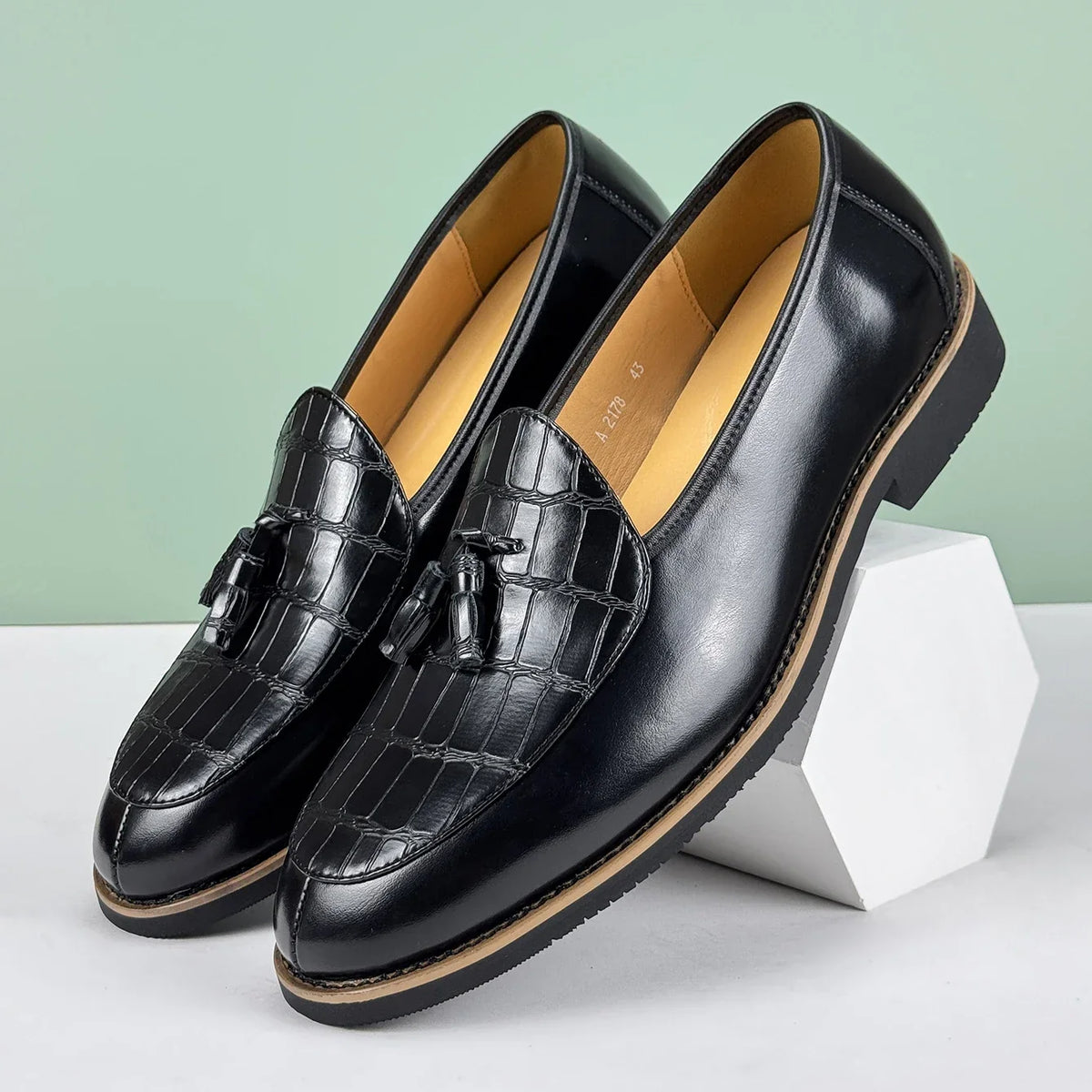 Croc Embossed Leather Tassel Loafers for Men
