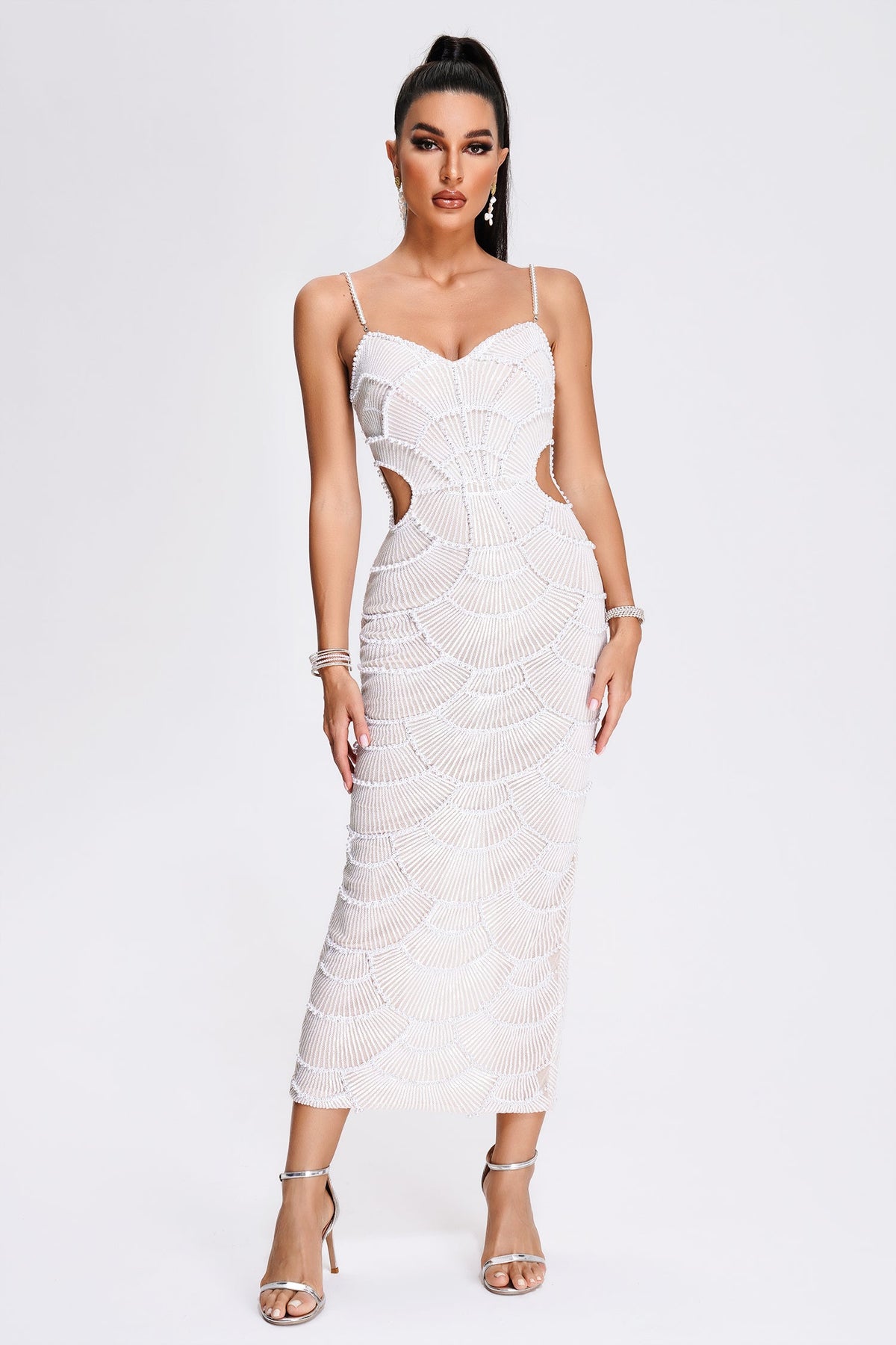 Pearl Sequin Cutout Midi Dress, White