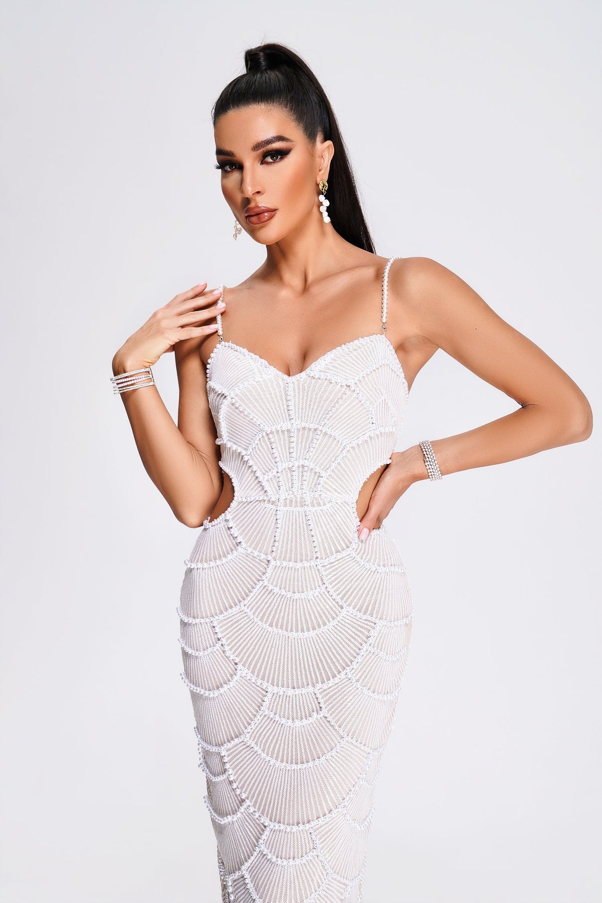 Pearl Sequin Cutout Midi Dress, White