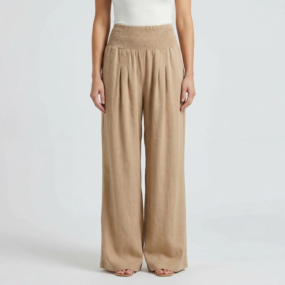 Women's Wide Leg Linen Pants Smocked High Waist