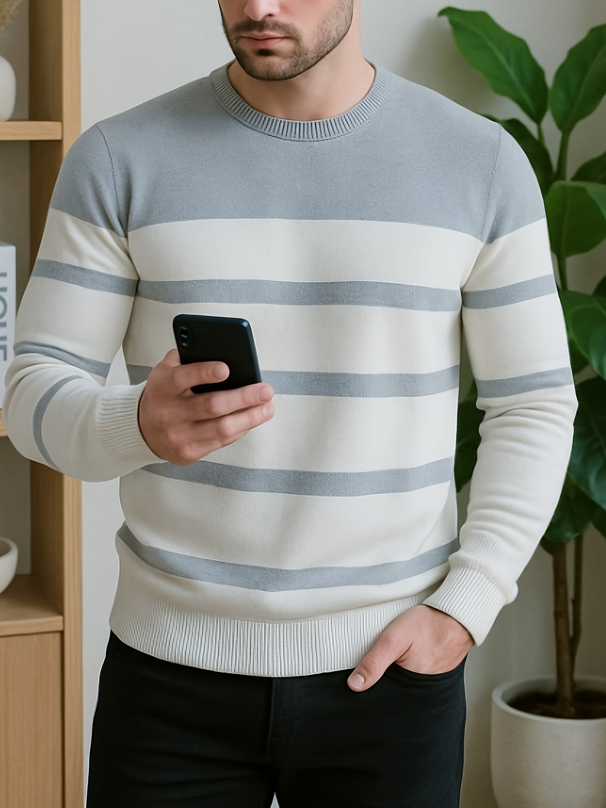 Knit Sweater Mens Striped Crew Neck Pullover Soft Classic Winter