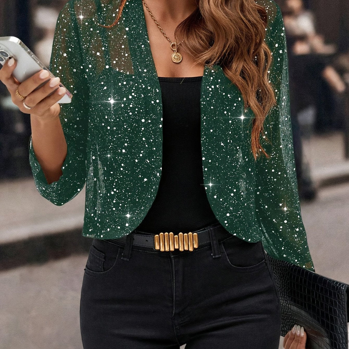 Cropped Jacket Womens Open Front Shimmer with 3/4 Sleeves