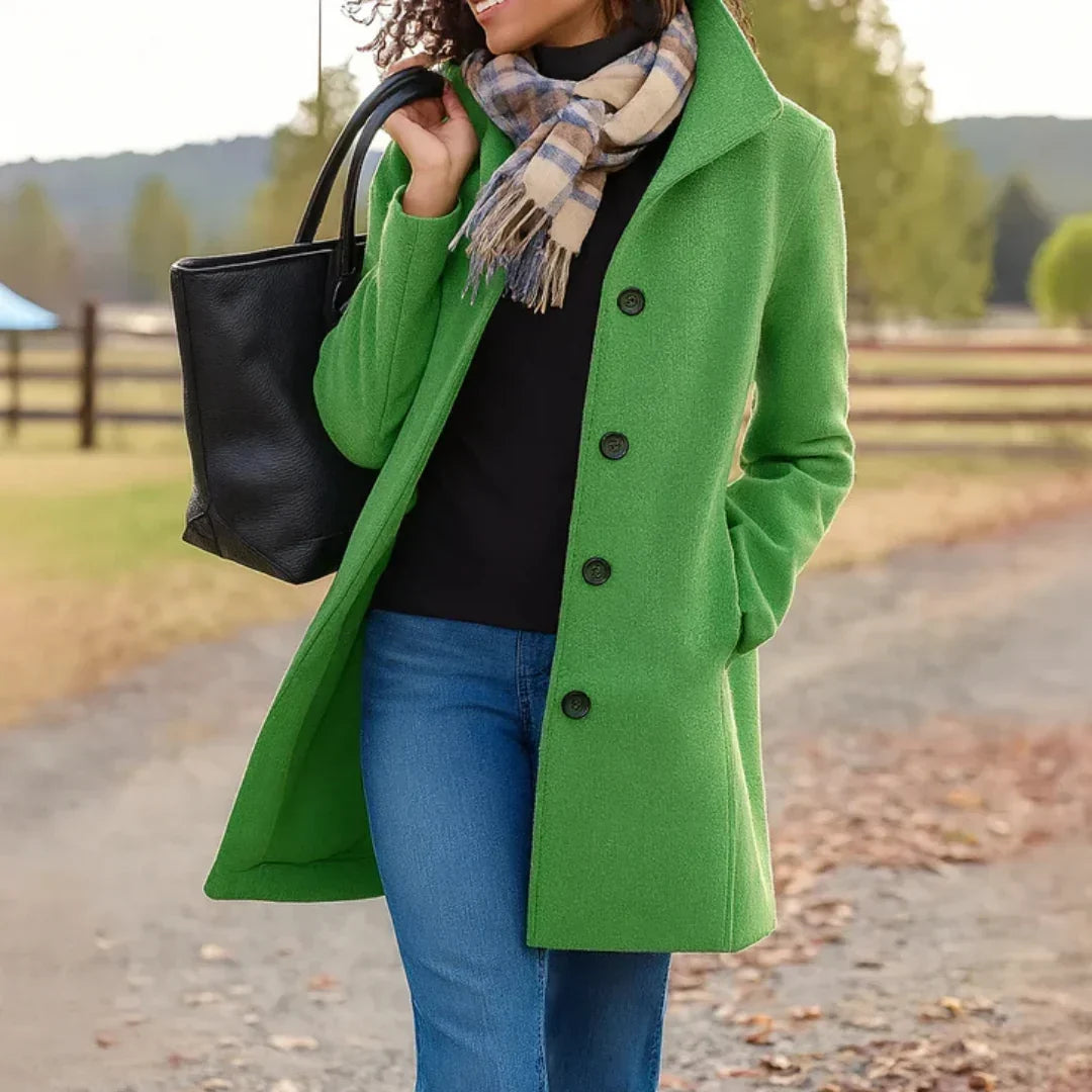 Wool Coat Womens Single Breasted Notch Lapel Mid Length Pockets