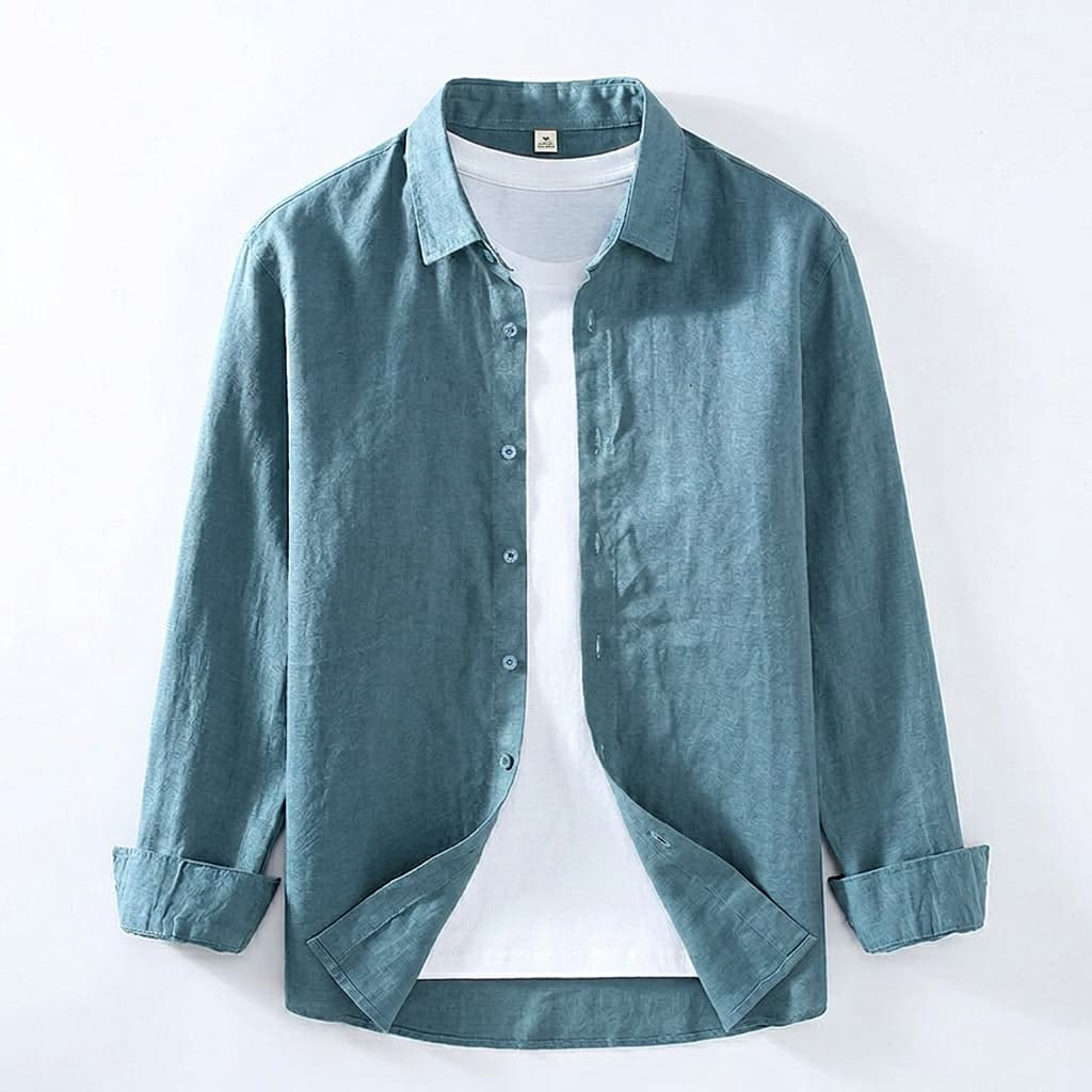 Spread Collar Linen Long Sleeve Shirt for Men