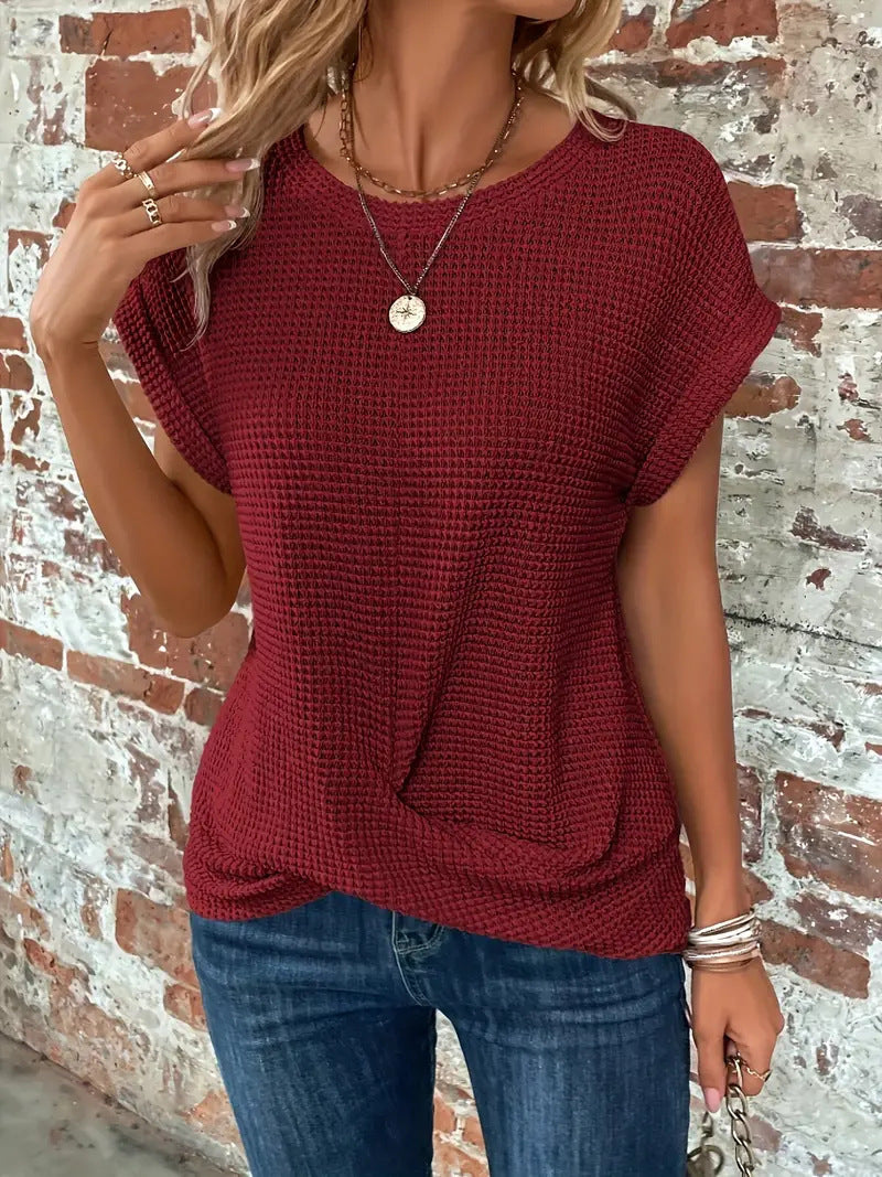 Womens Top Textured Knit Short Sleeve Round Neck Casual Fit