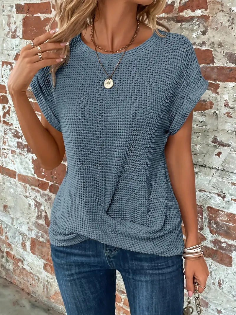 Womens Top Textured Knit Short Sleeve Round Neck Casual Fit