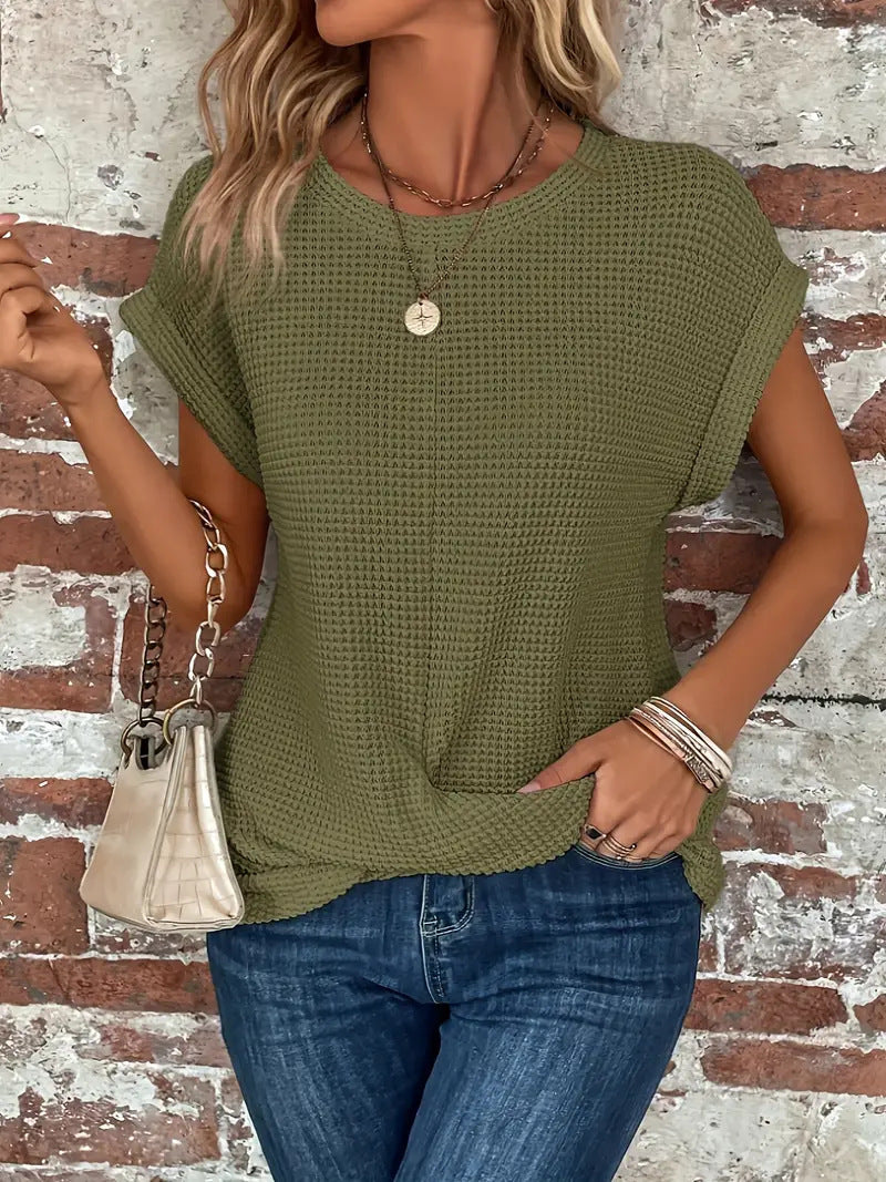 Womens Top Textured Knit Short Sleeve Round Neck Casual Fit
