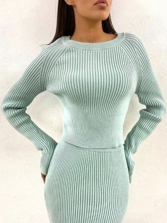 Ribbed Knit Sweater & Midi Skirt Set in Sage Green