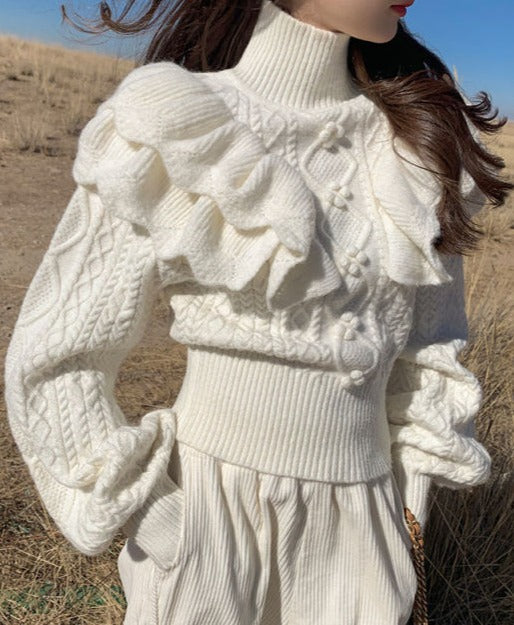 Floral Embroidered Chunky Knit Sweater in Beige