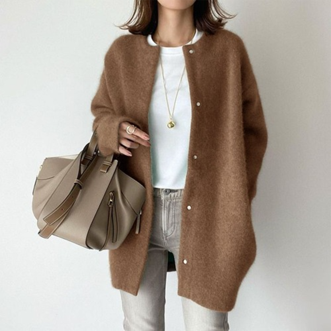 Cardigan Sweater Womens Long Acrylic Knit Crew Neck Button Pockets