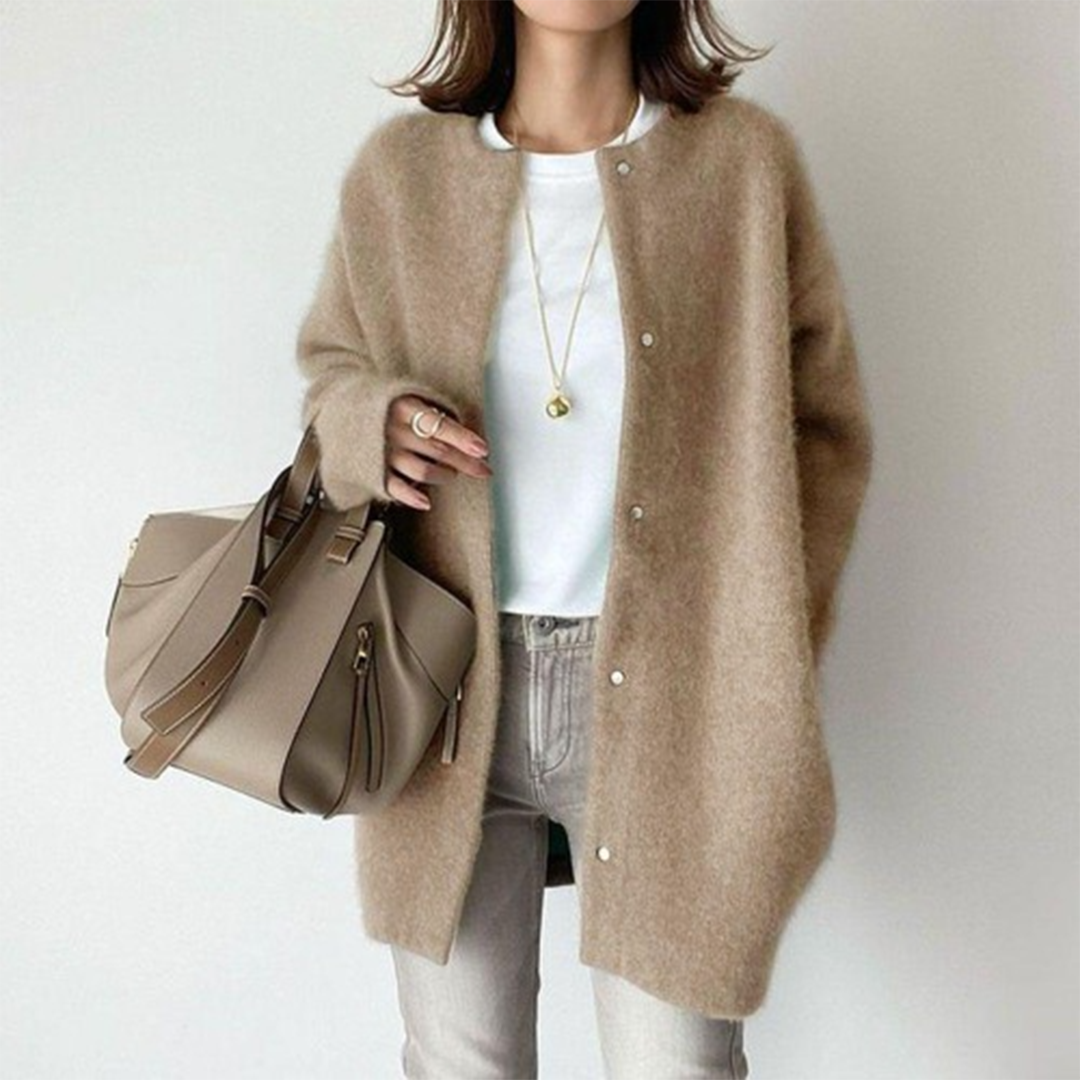 Cardigan Sweater Womens Long Acrylic Knit Crew Neck Button Pockets