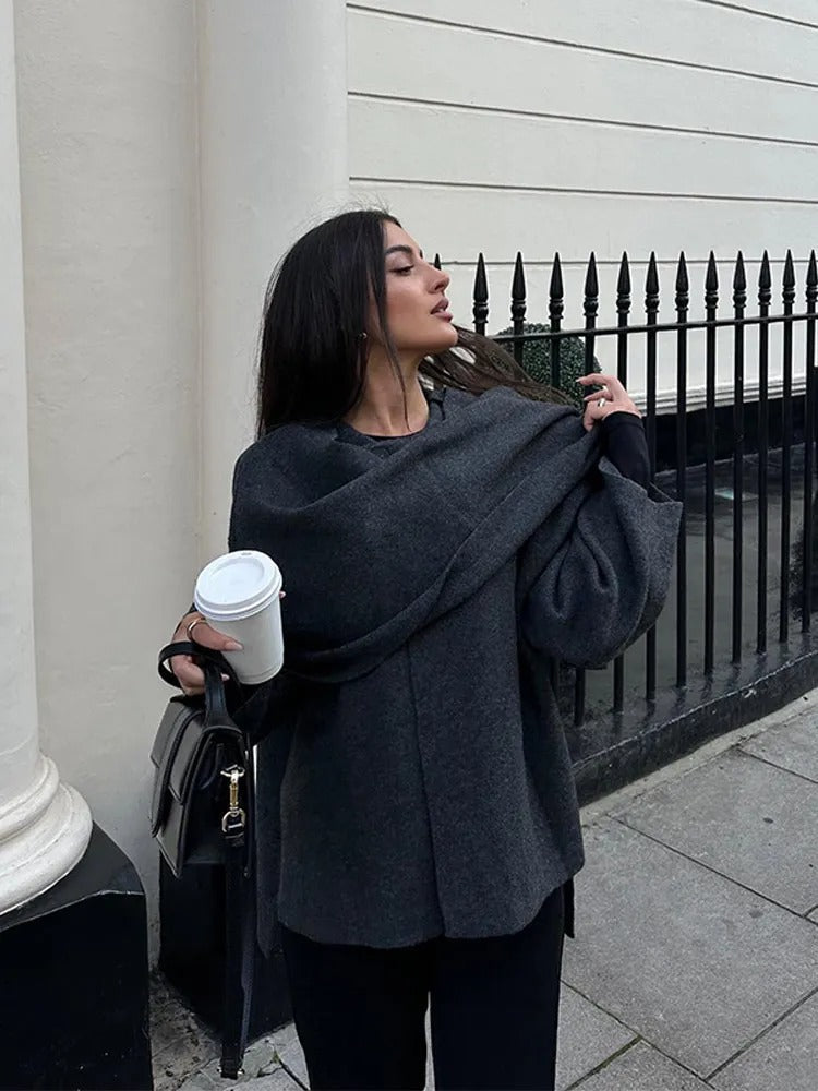 Poncho Womens Knit Cape Coat Draped Collar Asymmetric Open Sleeve