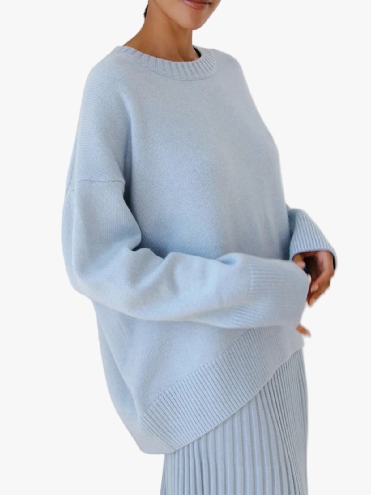 Knit Sweater Womens Crew Neck Ribbed Cuff Drop Shoulder Pullover