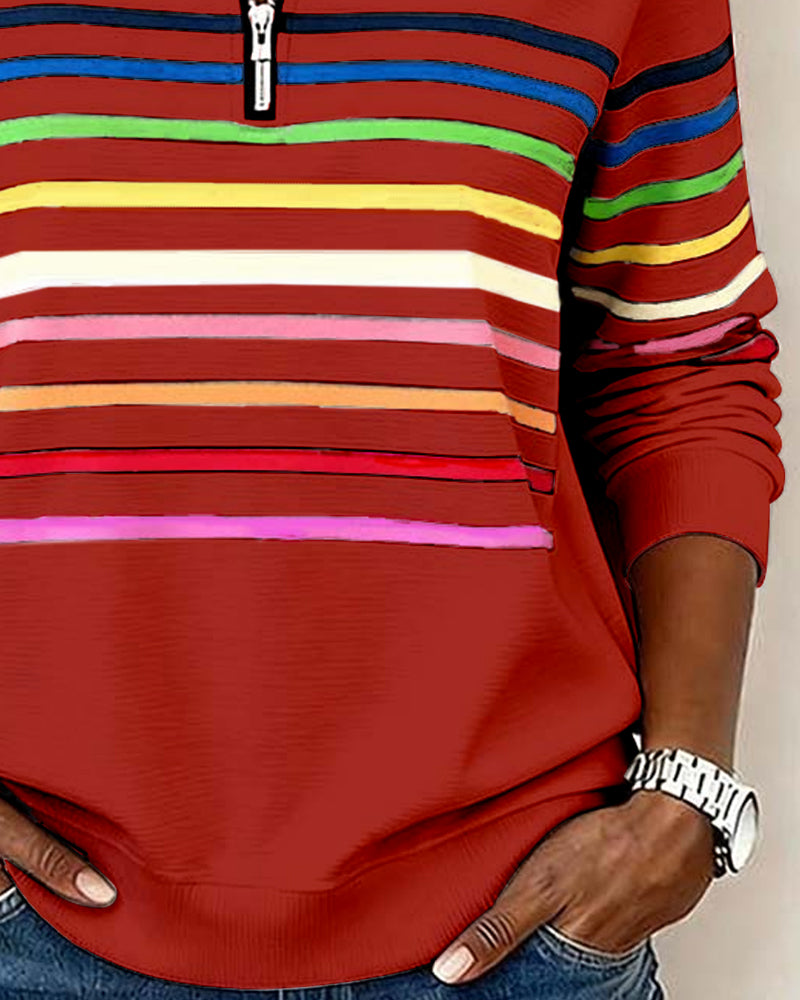 Knit Sweater Womens Quarter Zip Stand Collar Striped Band Pullover