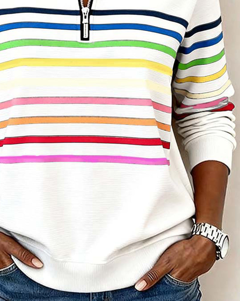 Knit Sweater Womens Quarter Zip Stand Collar Striped Band Pullover