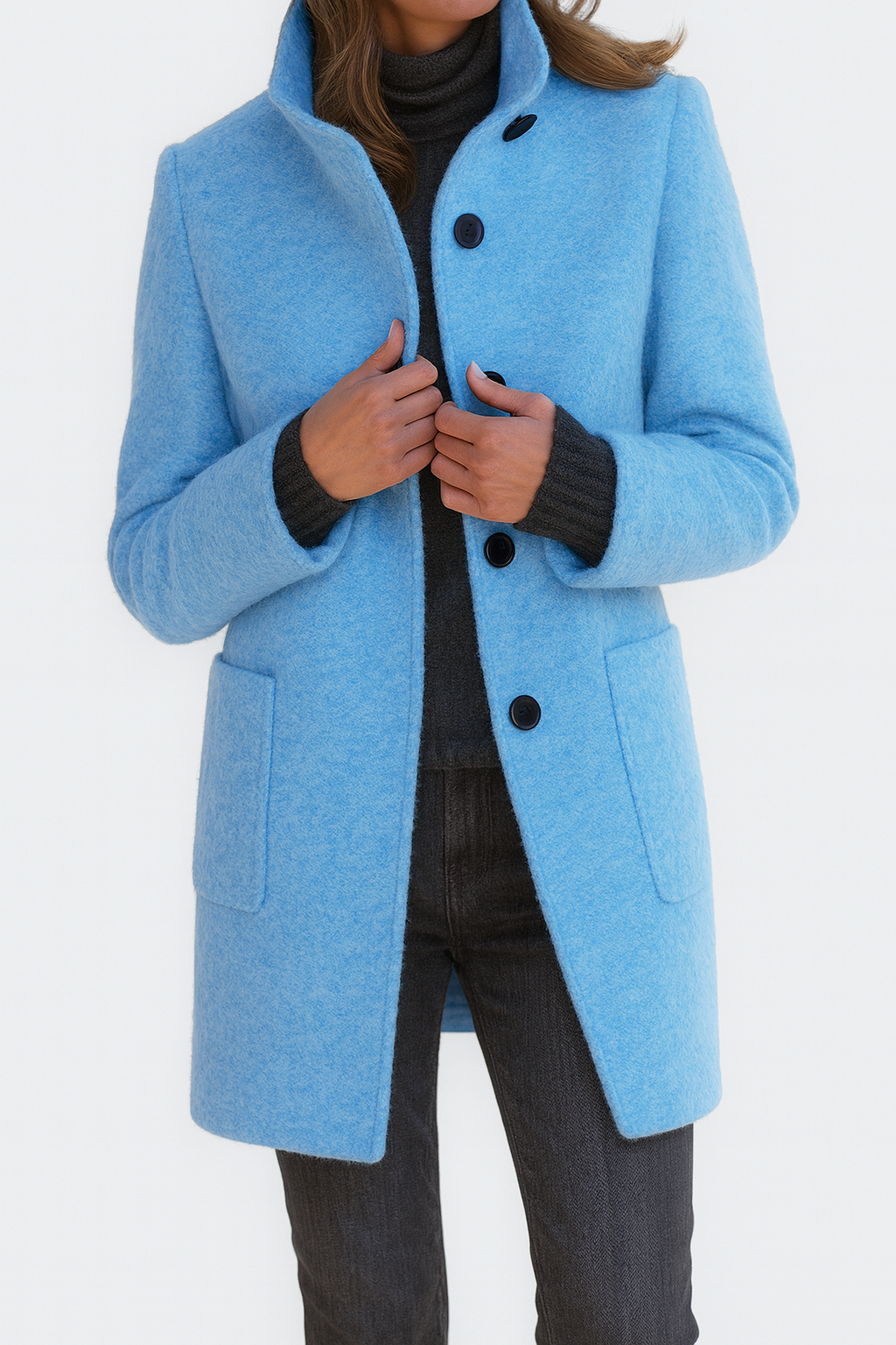 Wool Coat Womens Knee Length Stand Collar Patch Pockets Straight