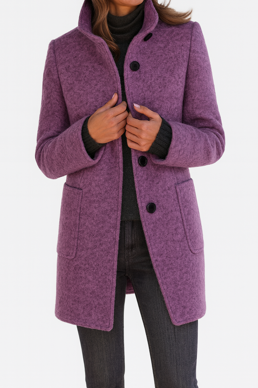 Wool Coat Womens Knee Length Stand Collar Patch Pockets Straight