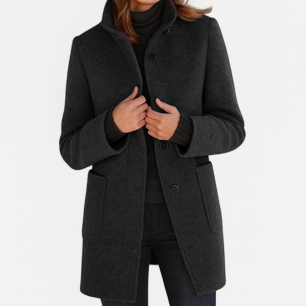 Wool Coat Womens Knee Length Stand Collar Patch Pockets Straight