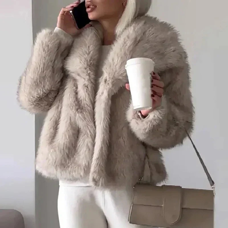 Faux Fur Coat Womens Long Pile Shawl Collar Open Front Short