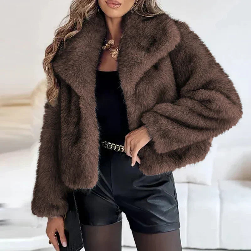 Faux Fur Coat Womens Long Pile Shawl Collar Open Front Short