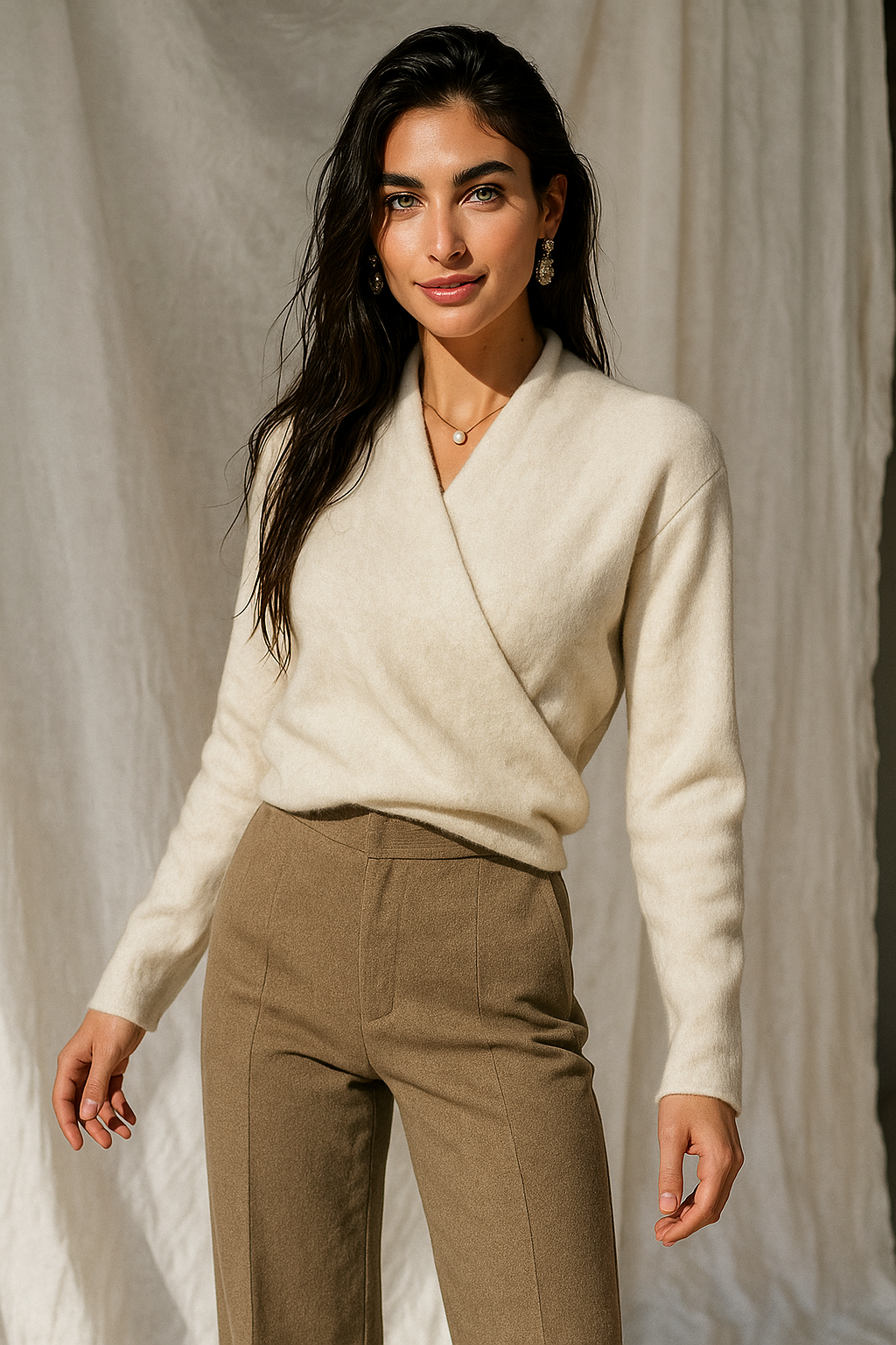 Knit Sweater Womens Wrap Front Crossover V Neck Ribbed Cuff Hem