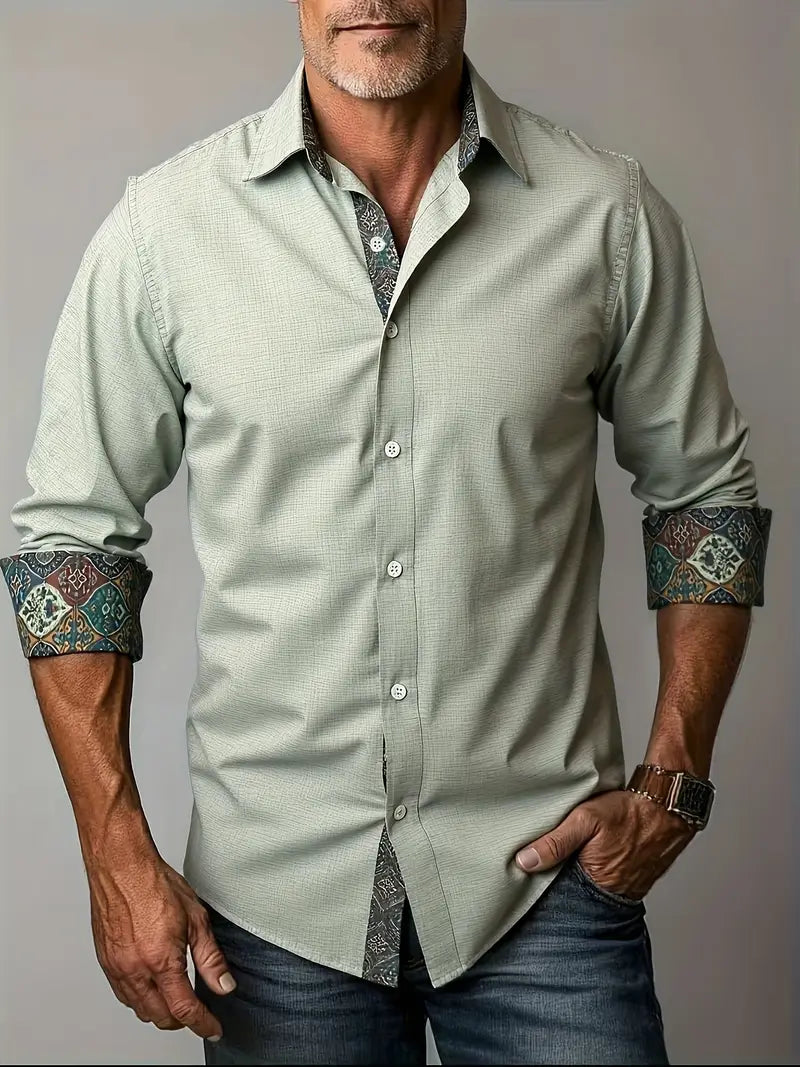 Button Up Shirt Mens Long Sleeve Tailored Fit with Contrast Collar and Cuffs