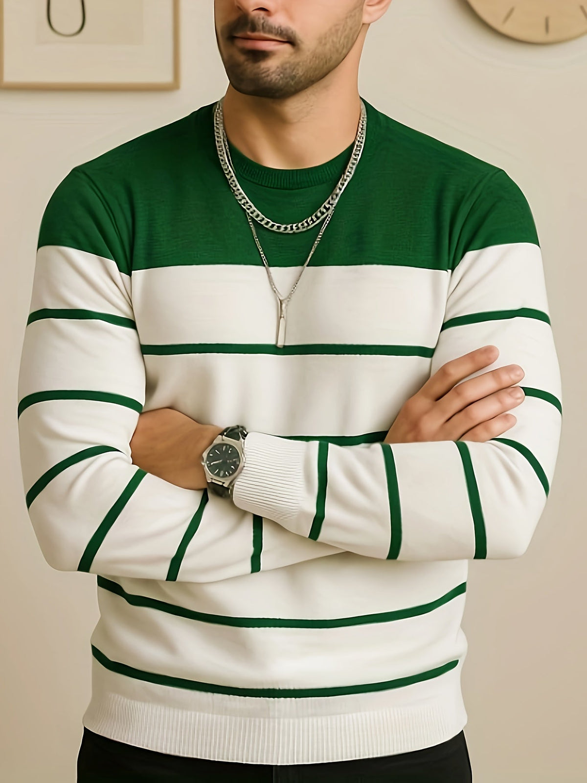 Knit Sweater Mens Striped Crew Neck Pullover Soft Classic Winter