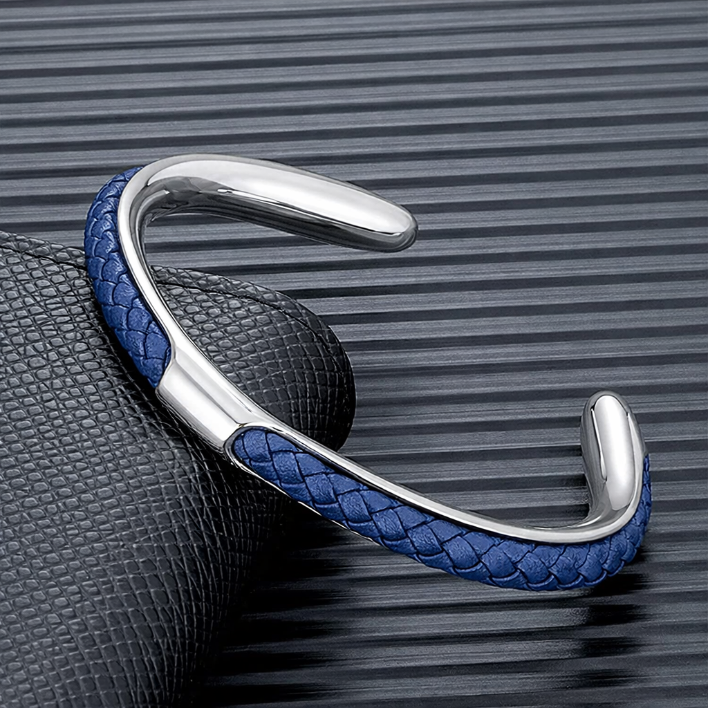 Cuff Bracelet Mens Braided Leather Stainless Steel
