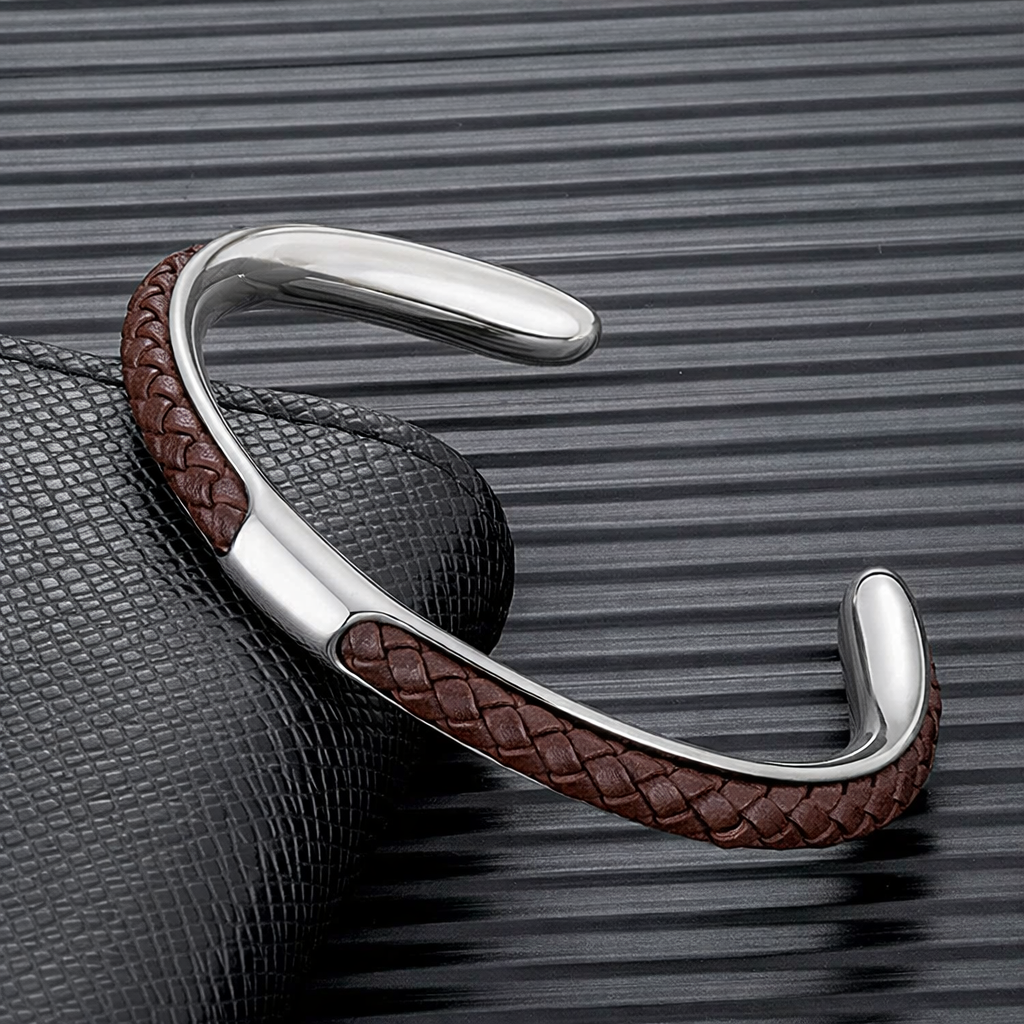 Cuff Bracelet Mens Braided Leather Stainless Steel