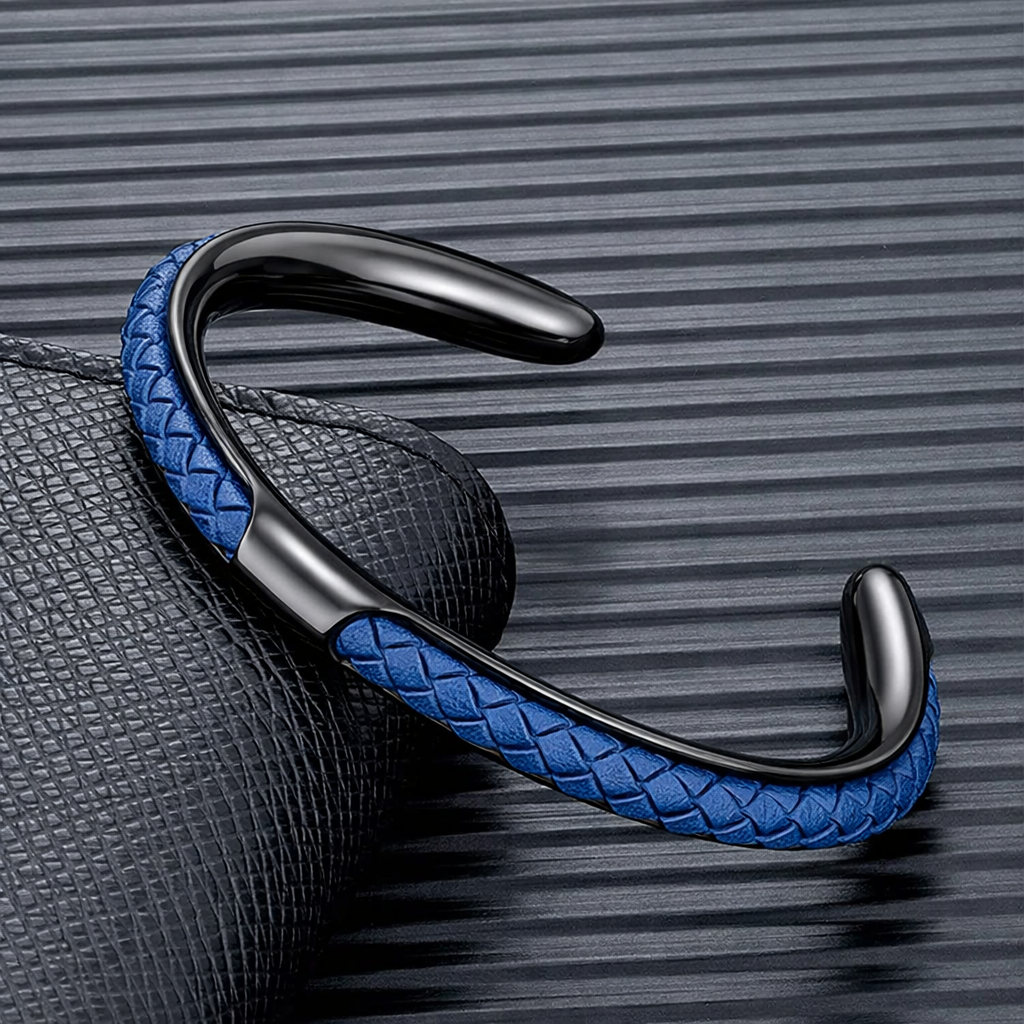 Cuff Bracelet Mens Braided Leather Stainless Steel