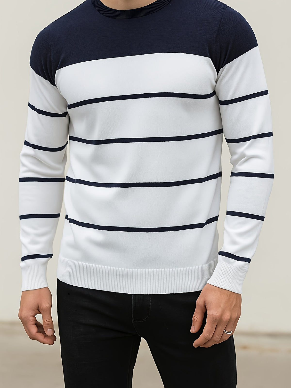 Knit Sweater Mens Striped Crew Neck Pullover Soft Classic Winter