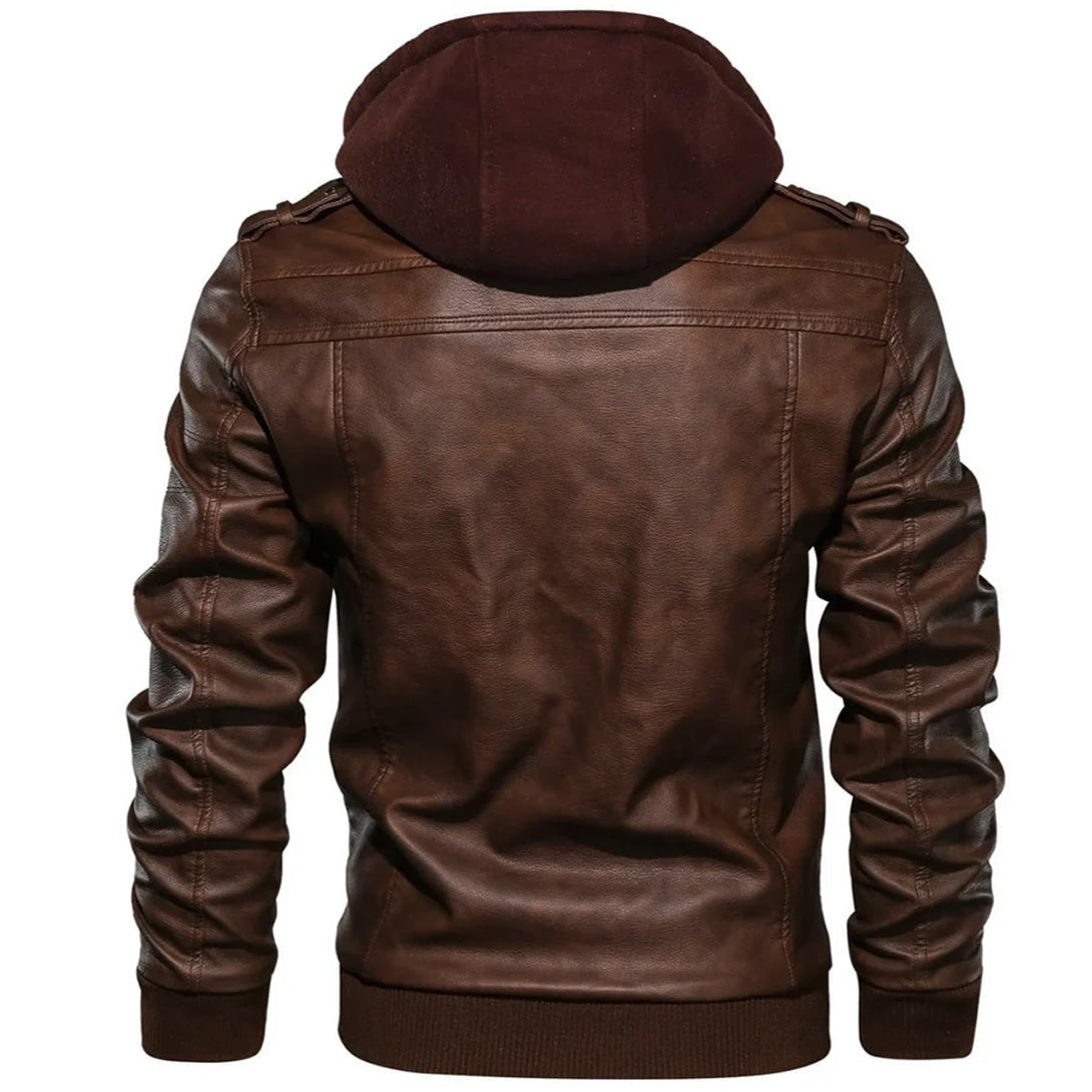 Men's Vegan Leather Jacket with Removable Hood
