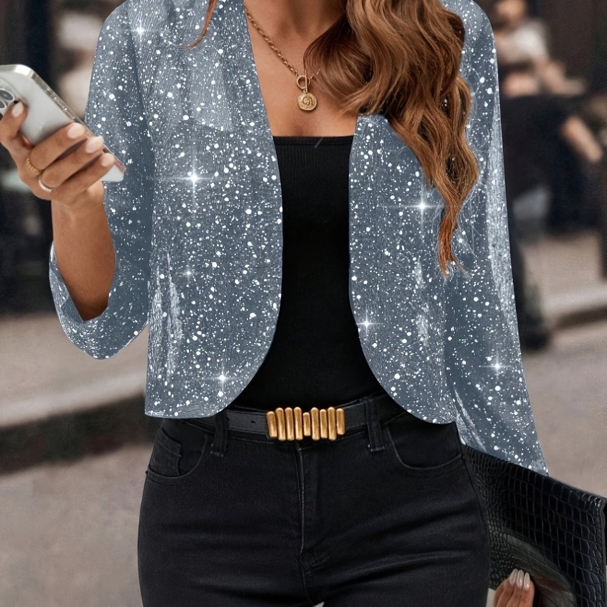 Cropped Jacket Womens Open Front Shimmer with 3/4 Sleeves