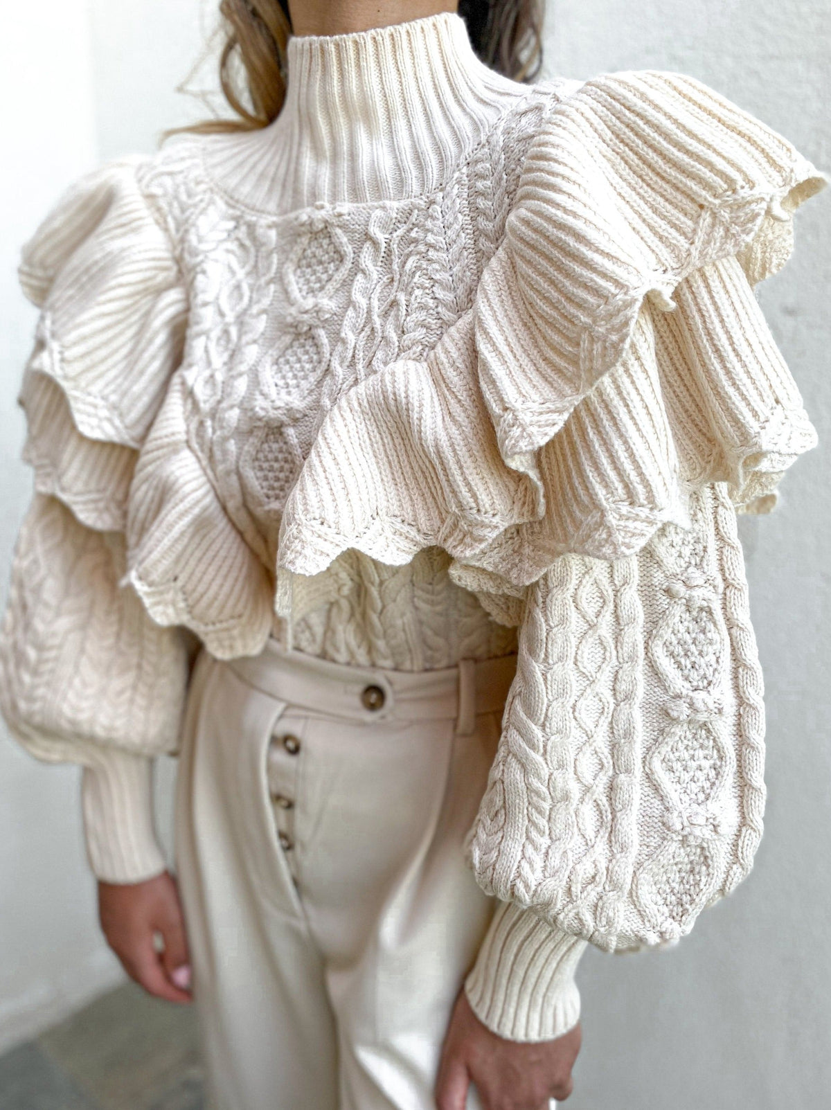 Floral Embroidered Chunky Knit Sweater in Beige