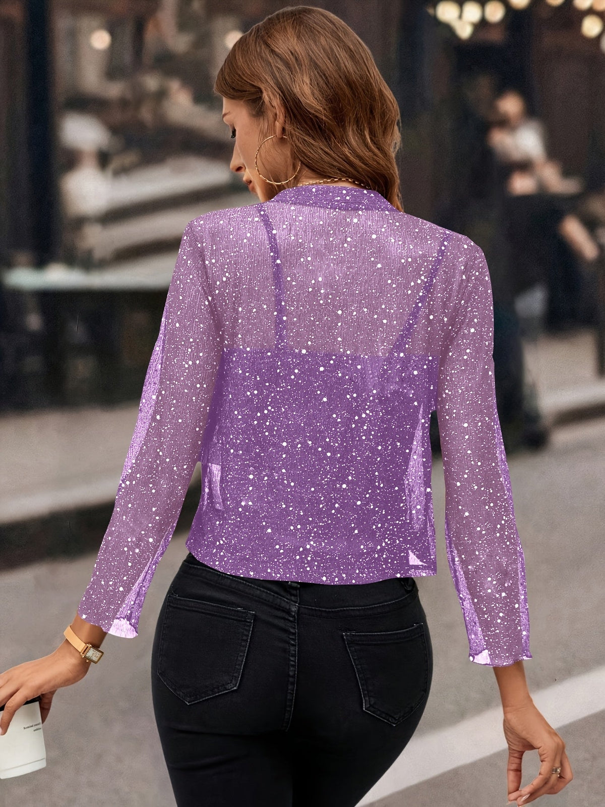 Cropped Jacket Womens Open Front Shimmer with 3/4 Sleeves