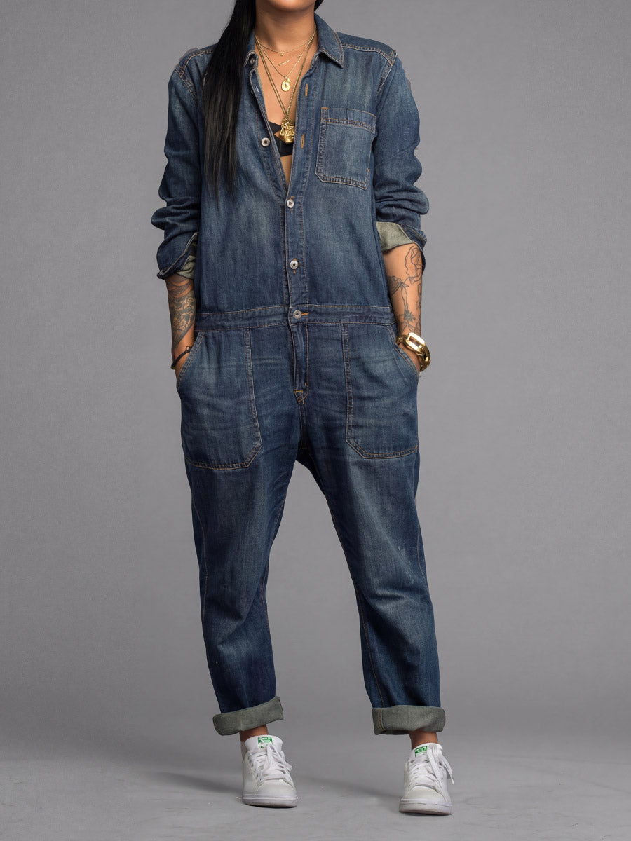 Women's Relaxed Denim Coverall Jumpsuit in Dark Blue