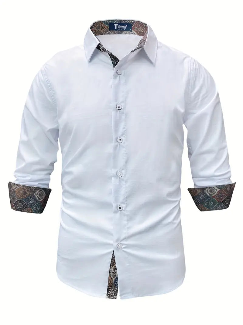 Button Up Shirt Mens Long Sleeve Tailored Fit with Contrast Collar and Cuffs