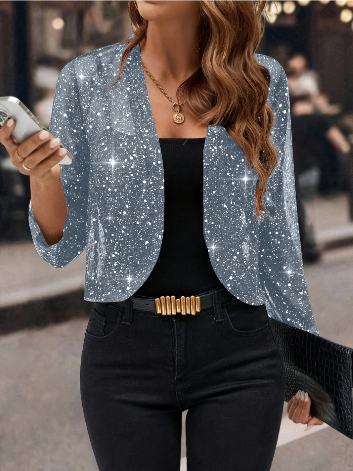 Cropped Jacket Womens Open Front Shimmer with 3/4 Sleeves