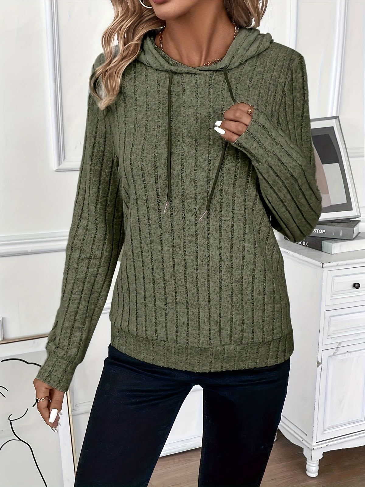 Hoodie Womens Textured Knit Pullover Soft Cozy Relaxed Everyday
