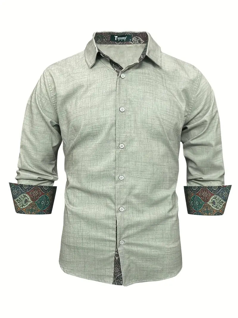 Button Up Shirt Mens Long Sleeve Tailored Fit with Contrast Collar and Cuffs
