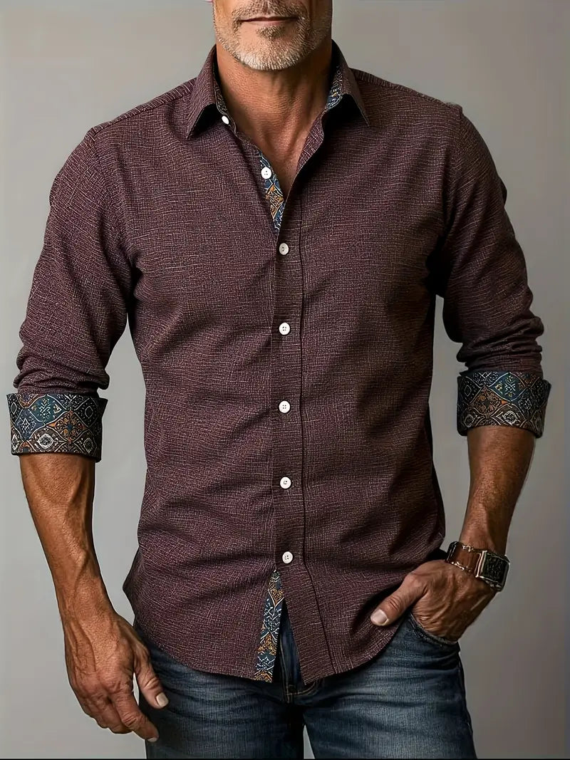 Button Up Shirt Mens Long Sleeve Tailored Fit with Contrast Collar and Cuffs