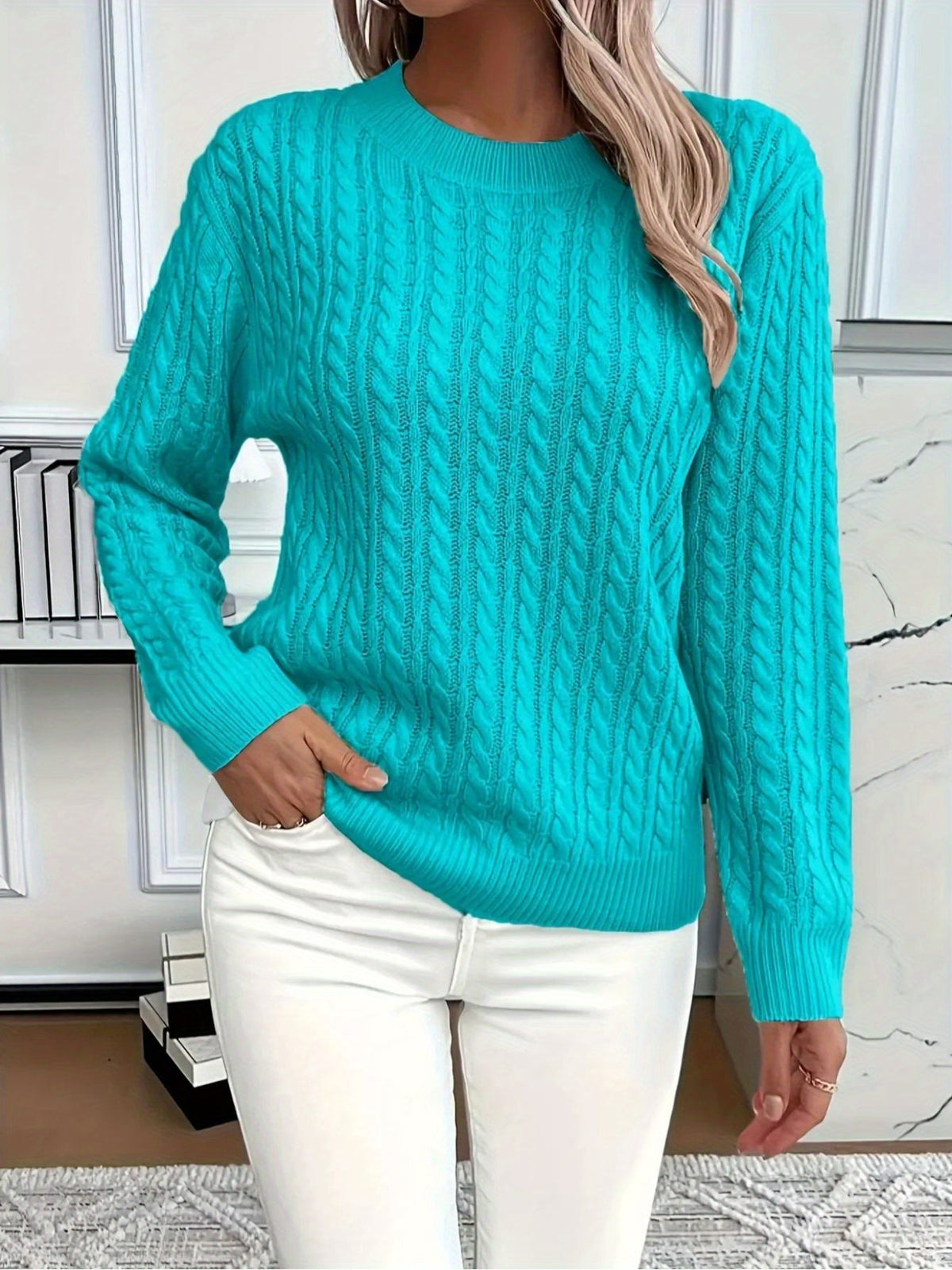 Cozy Cable Knit Crew Neck Sweater in Lake Blue