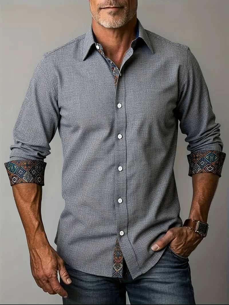 Button Up Shirt Mens Long Sleeve Tailored Fit with Contrast Collar and Cuffs