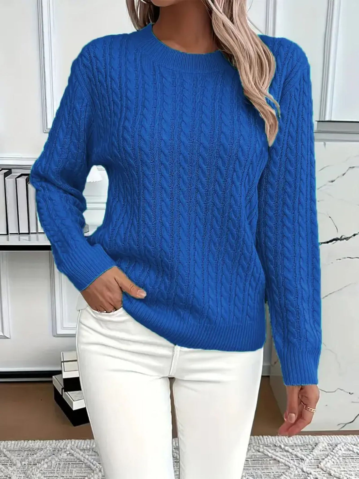 Cozy Cable Knit Crew Neck Sweater in Blue