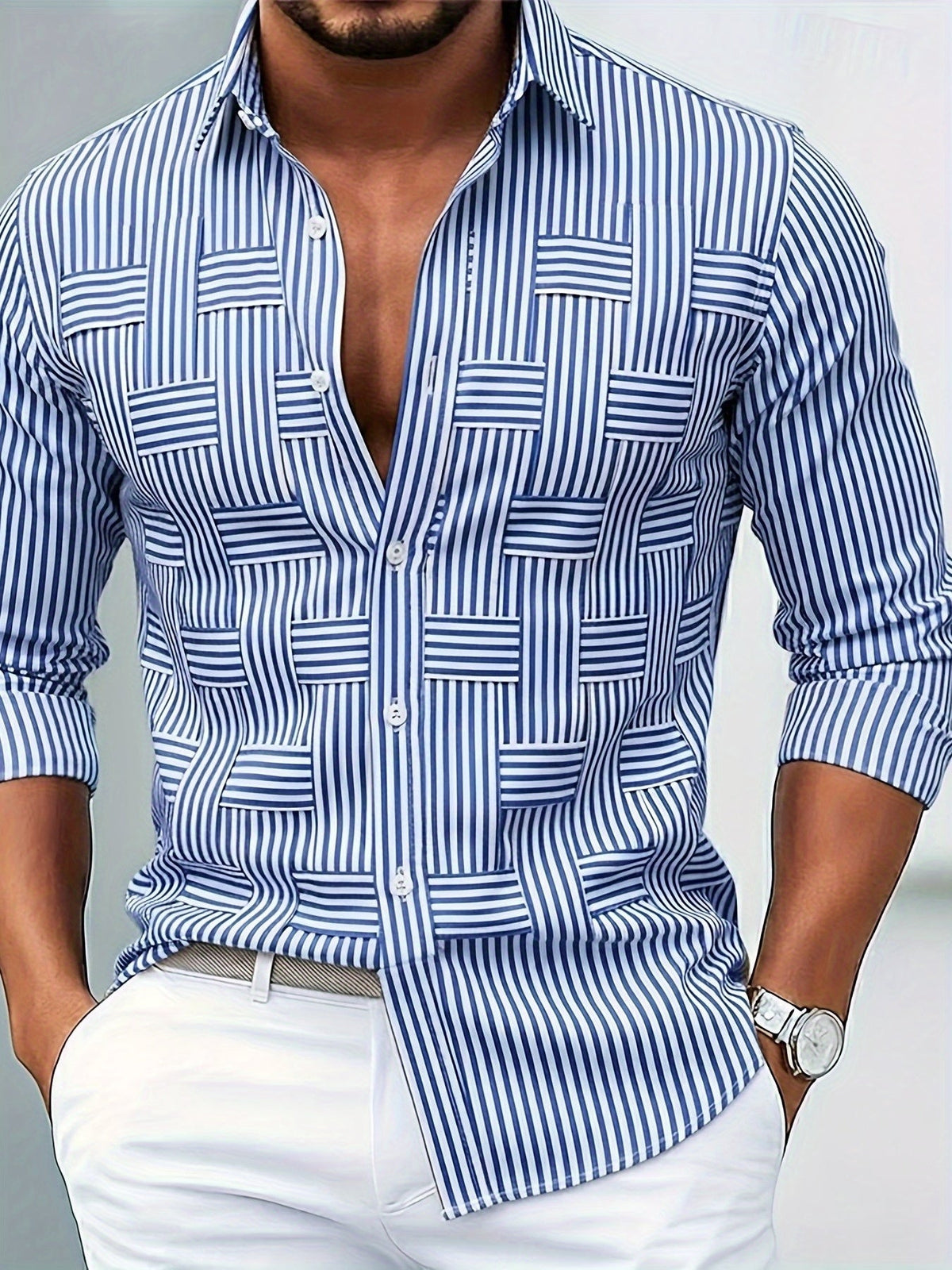 Men's Vintage Striped Long Sleeve Shirt in Sky Blue